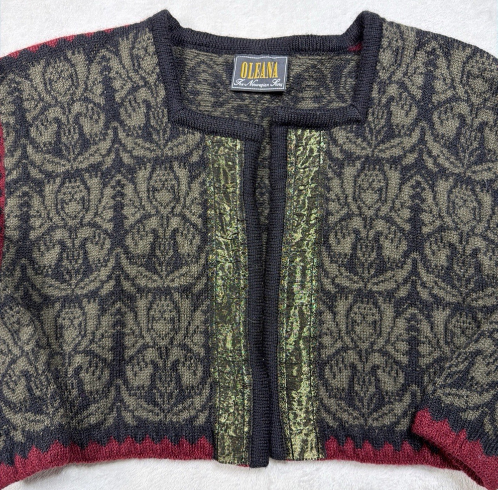 Oleana The Norwegian Story Cropped Wool Cardigan Jacket Olive Open S/M